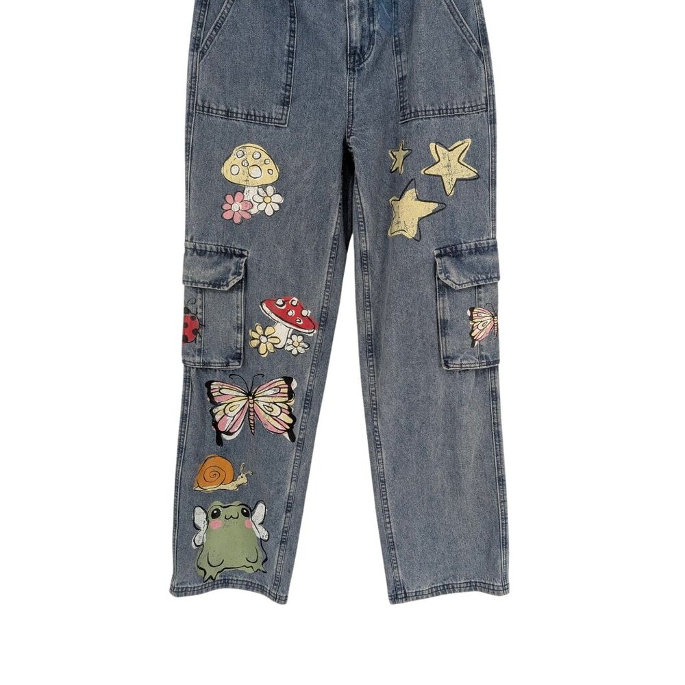 Patchwork Cargo Denim Pants Butterfly Mushroom Wi… - image 4
